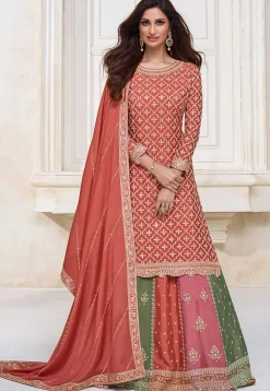 Embroidered Chinnon Chiffon Lehenga in Peach