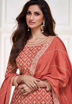 Embroidered Chinnon Chiffon Lehenga in Peach