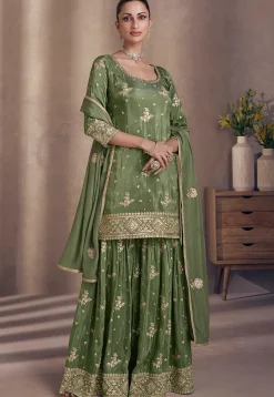 Embroidered Chinon Chiffon Pakistani Suit in Olive Green