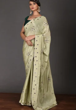 Embroidered Chinon Chiffon Saree in Dusty Green