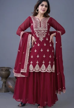 Embroidered Chinon Chiffon Scalloped Pakistani Suit in Maroon