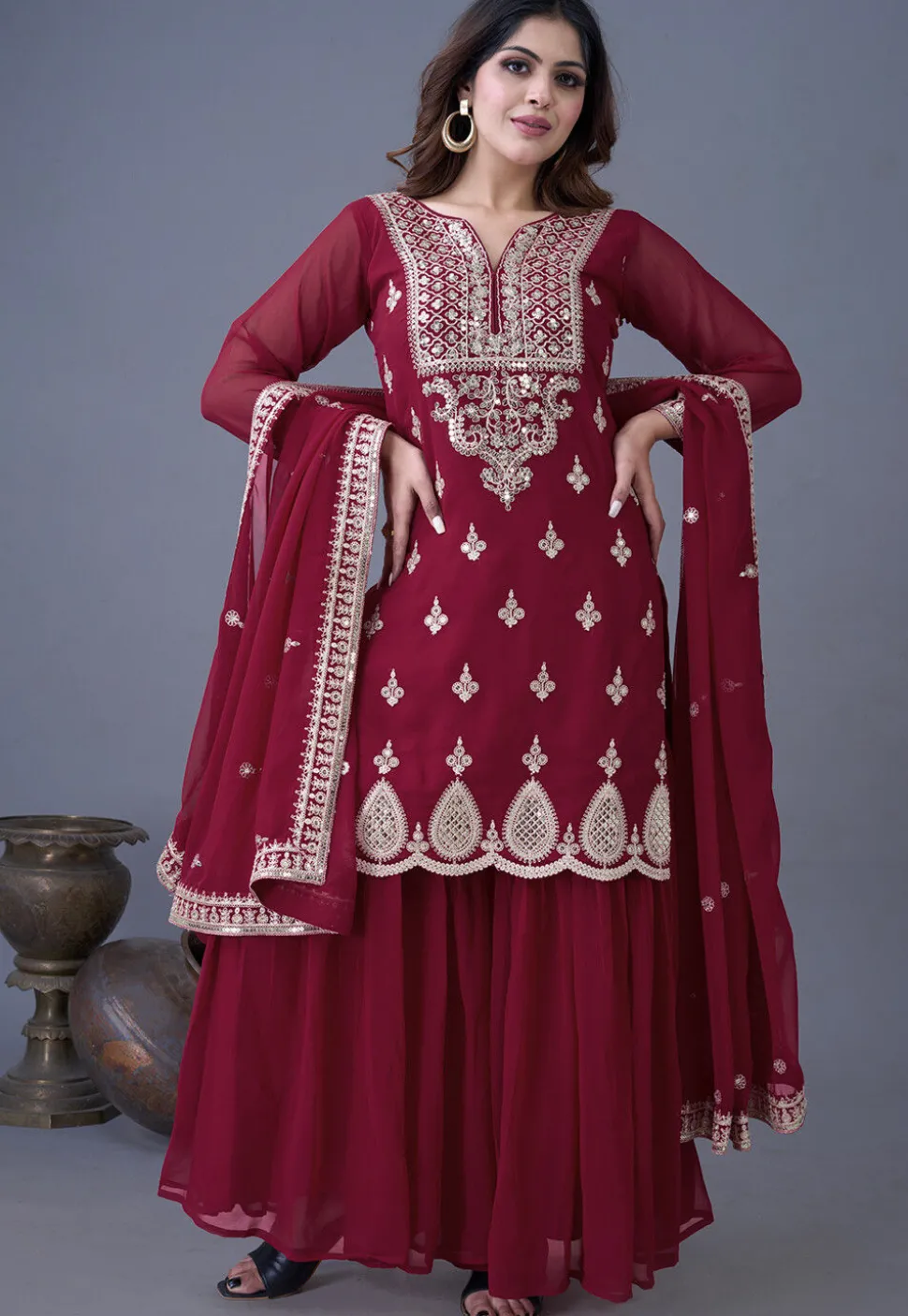Embroidered Chinon Chiffon Scalloped Pakistani Suit in Maroon