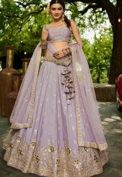 Embroidered Chinon Chiffon Lehenga in Purple