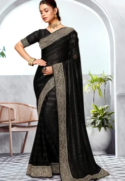 Embroidered Chinon Chiffon Saree in Black