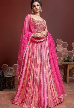 Embroidered Chinon Chiffon Lehenga in Pink
