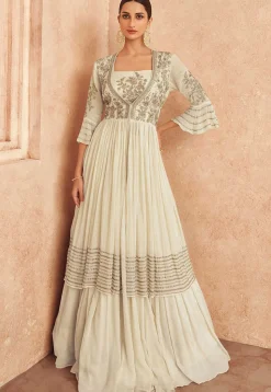 Embroidered Chinon Chiffon  Lehenga in Off White