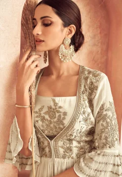 Embroidered Chinon Chiffon  Lehenga in Off White