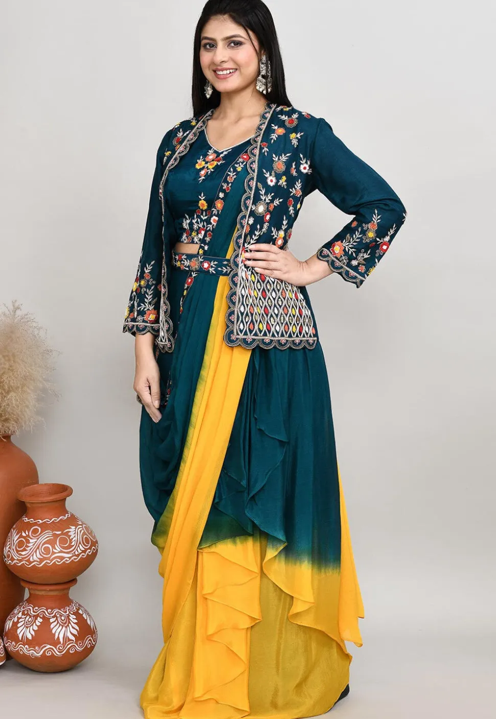 Embroidered Chinon Chiffon Crop Top Set in Teal Blue