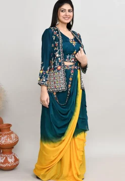 Embroidered Chinon Chiffon Crop Top Set in Teal Blue
