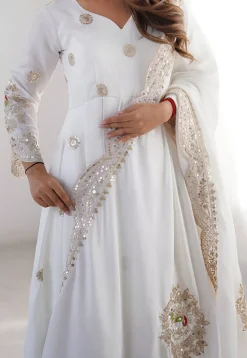 Embroidered Chinon Chiffon A Line Suit in Off White