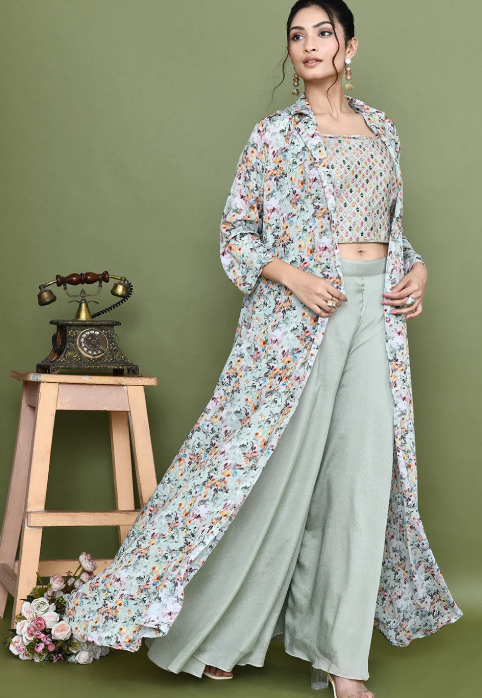 Embroidered Chinon Chiffon Crop Top Set in Dusty Green