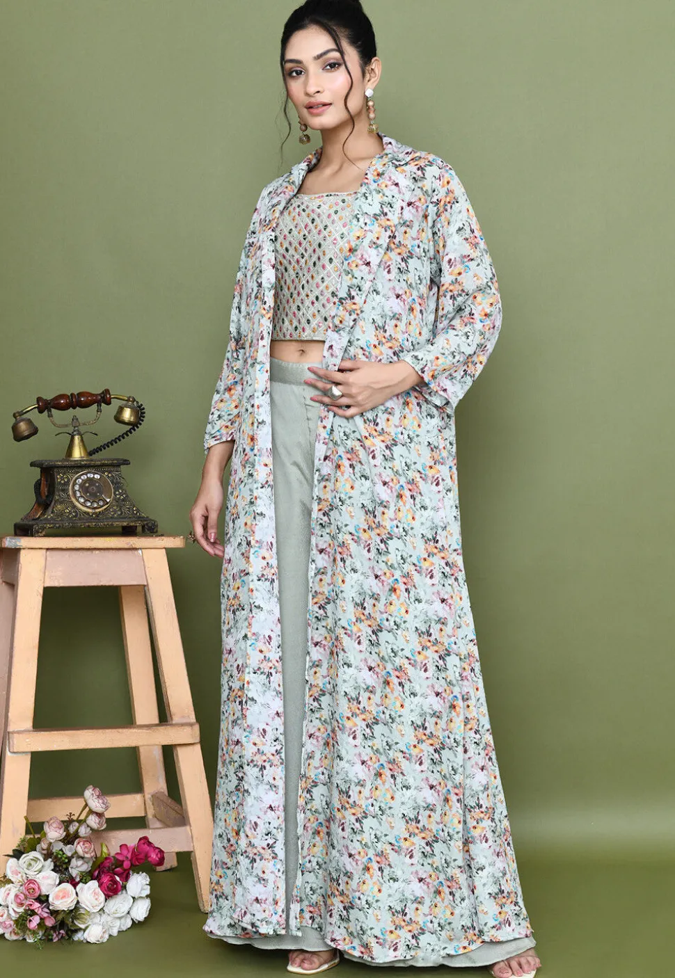 Embroidered Chinon Chiffon Crop Top Set in Dusty Green