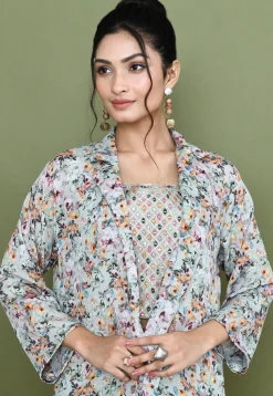 Embroidered Chinon Chiffon Crop Top Set in Dusty Green