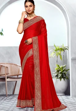 Embroidered Chinon Chiffon Saree in Red