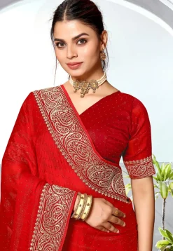 Embroidered Chinon Chiffon Saree in Red