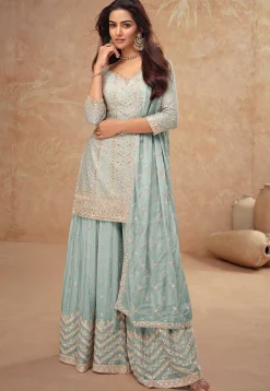 Embroidered Chinon Chiffon Pakistani Suit in Light Blue