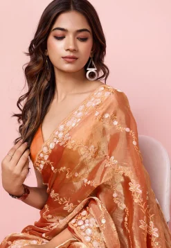 Embroidered Chinon Chiffon Scalloped Saree in Orange