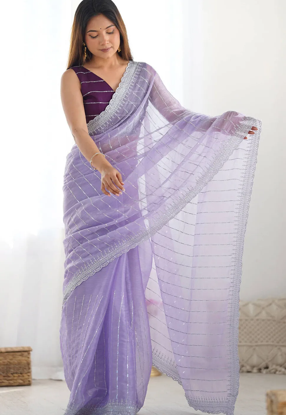 Embroidered Chinon Chiffon Scalloped Saree in Purple
