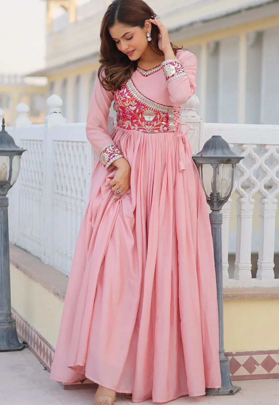 Embroidered Chinon Chiffon Gown in Pink