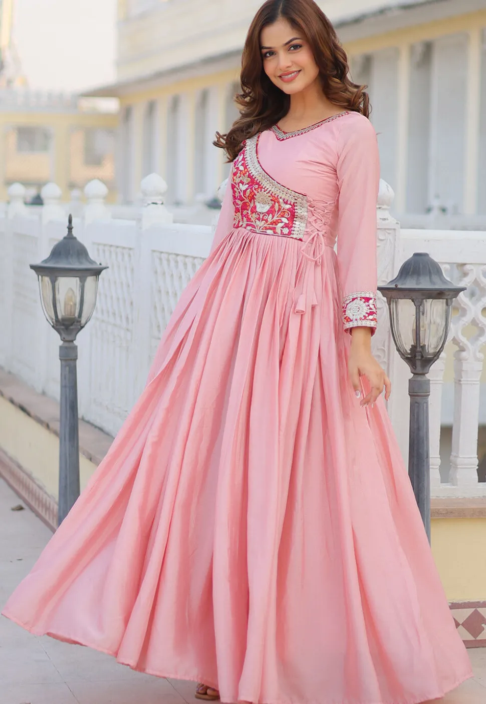 Embroidered Chinon Chiffon Gown in Pink