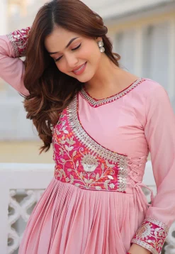 Embroidered Chinon Chiffon Gown in Pink