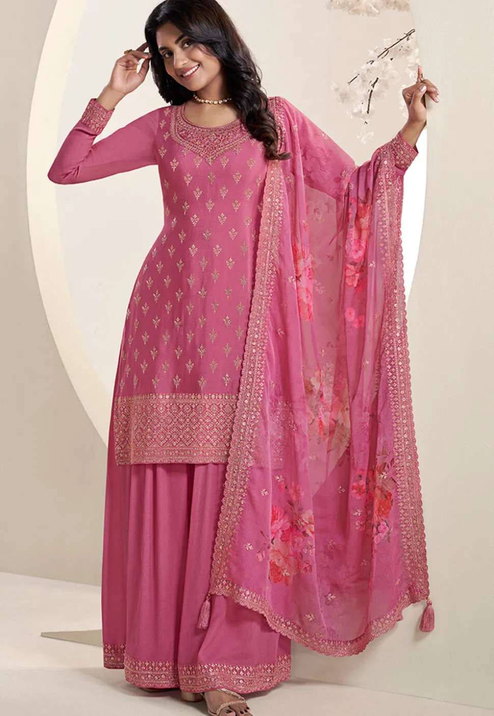 Embroidered Chinon Chiffon Pakistani Suit in Pink