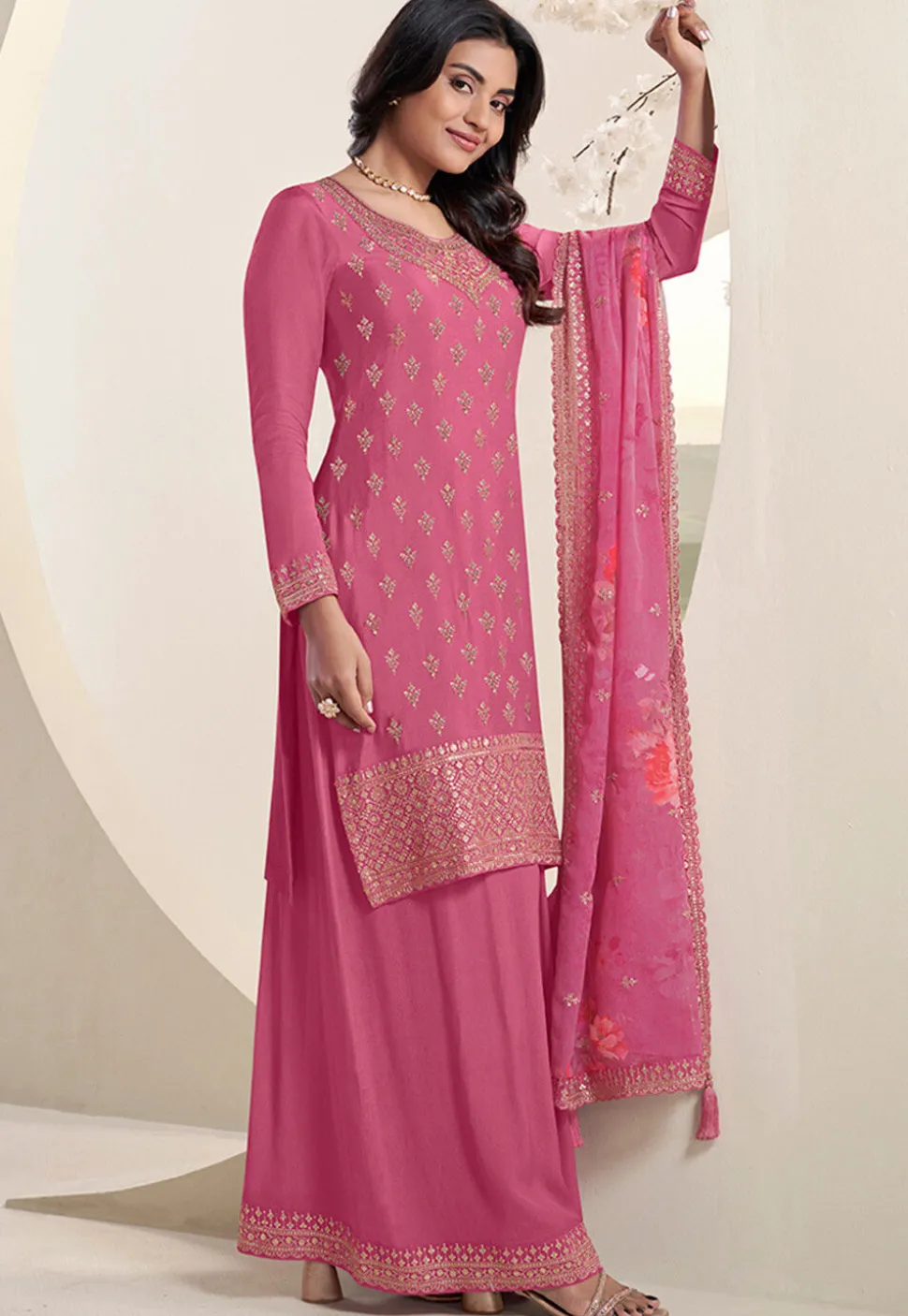 Embroidered Chinon Chiffon Pakistani Suit in Pink