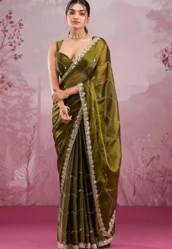Embroidered Chinon Chiffon Scalloped Saree in Olive Green