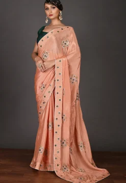 Embroidered Chinon Chiffon Saree in Peach