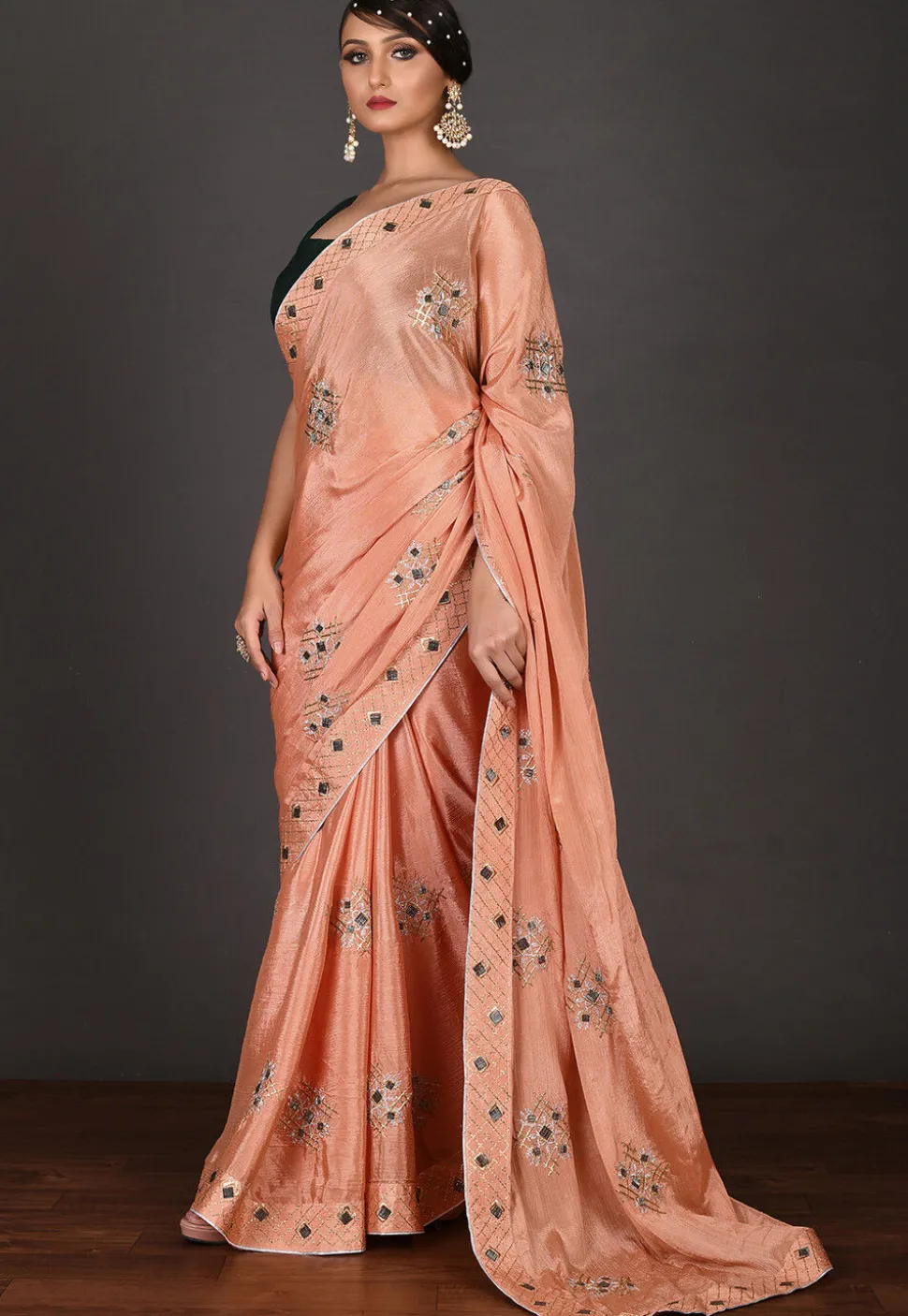 Embroidered Chinon Chiffon Saree in Peach