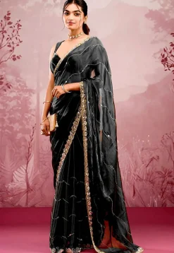 Embroidered Chinon Chiffon Scalloped Saree in Black