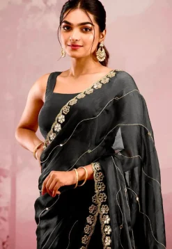 Embroidered Chinon Chiffon Scalloped Saree in Black