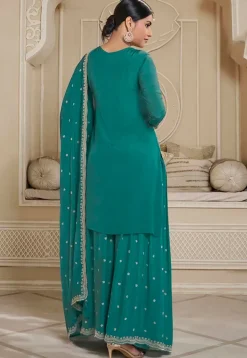 Embroidered Chinon Chiffon Pakistani Suit in Teal Green