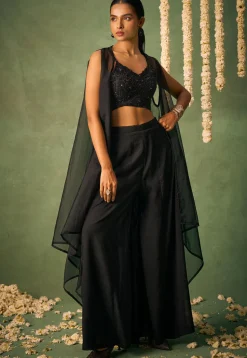 Embroidered Chinon Chiffon Crop Top Set in Black