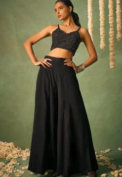 Embroidered Chinon Chiffon Crop Top Set in Black