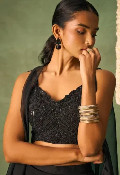 Embroidered Chinon Chiffon Crop Top Set in Black