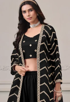 Embroidered Chinon Chiffon Crop Top Set in Black