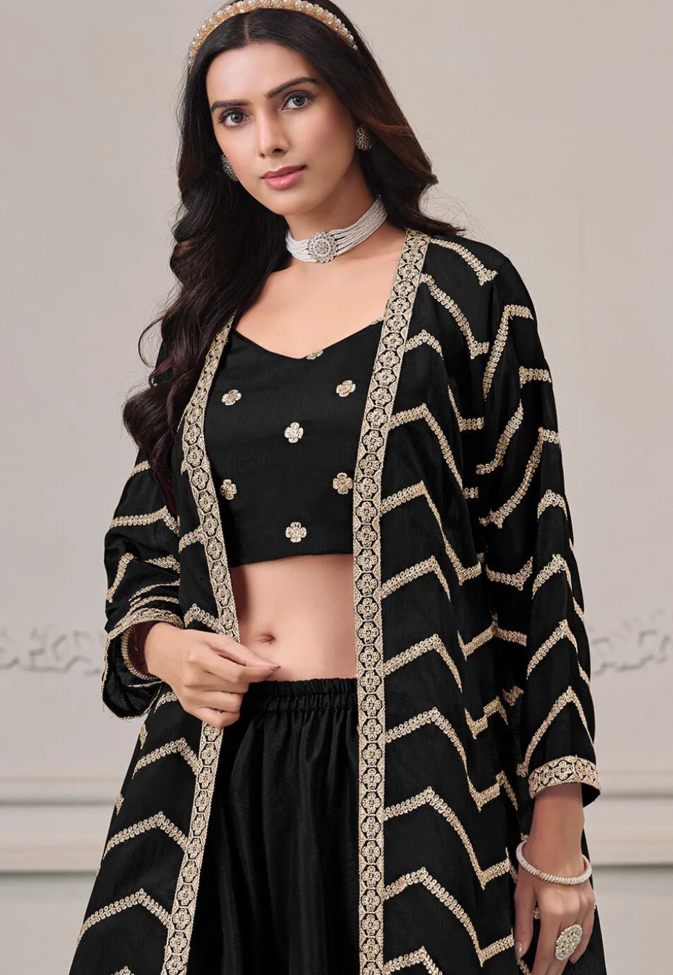 Embroidered Chinon Chiffon Crop Top Set in Black