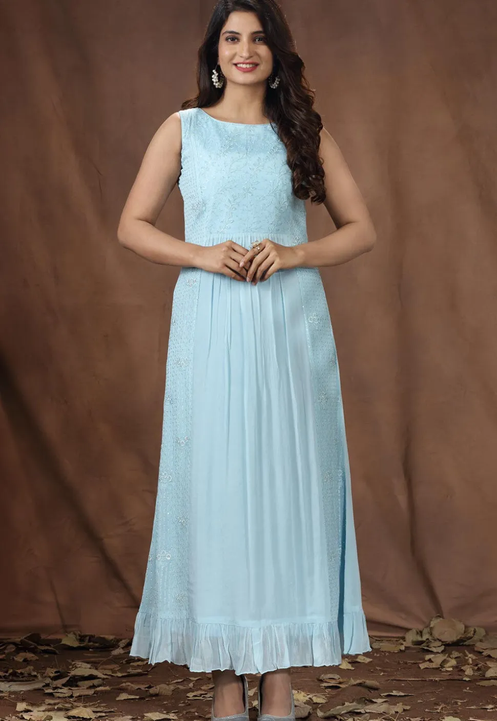 Embroidered Chinon Chiffon Long Tiered Dress in Light Blue