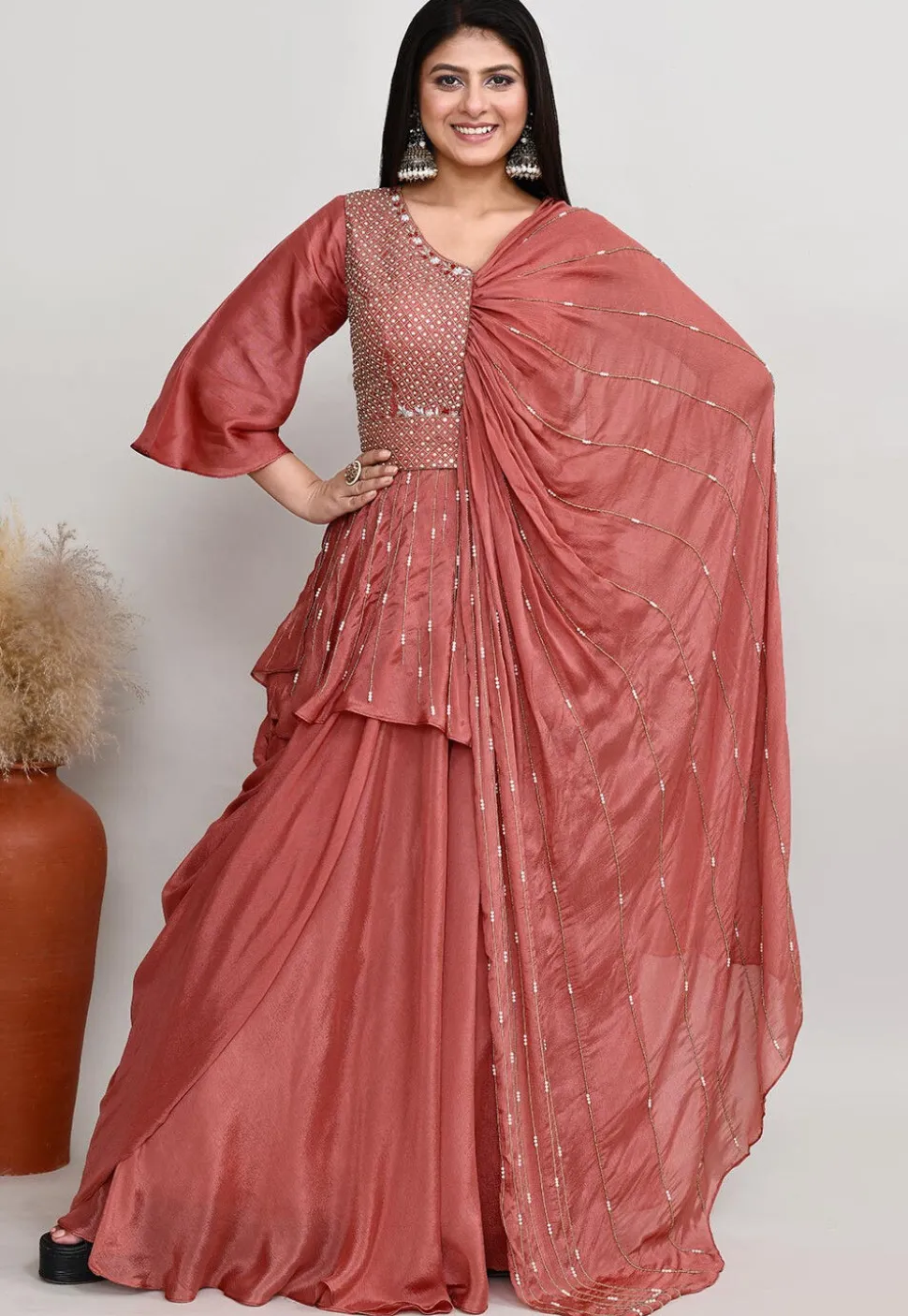 Embroidered Chinon Chiffon Asymmetric Tunic Set in Old Rose