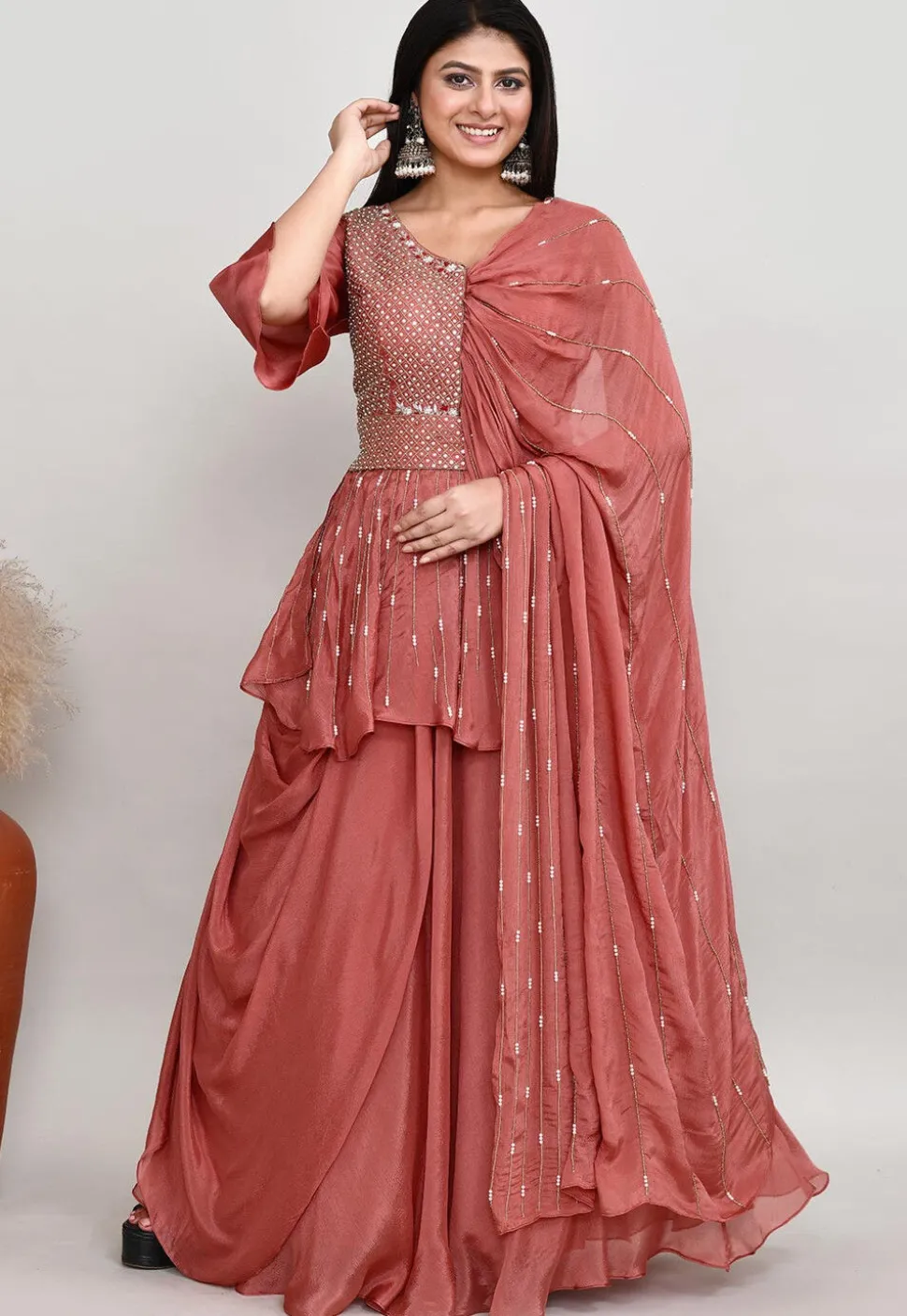 Embroidered Chinon Chiffon Asymmetric Tunic Set in Old Rose