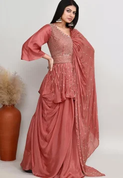 Embroidered Chinon Chiffon Asymmetric Tunic Set in Old Rose