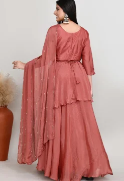 Embroidered Chinon Chiffon Asymmetric Tunic Set in Old Rose