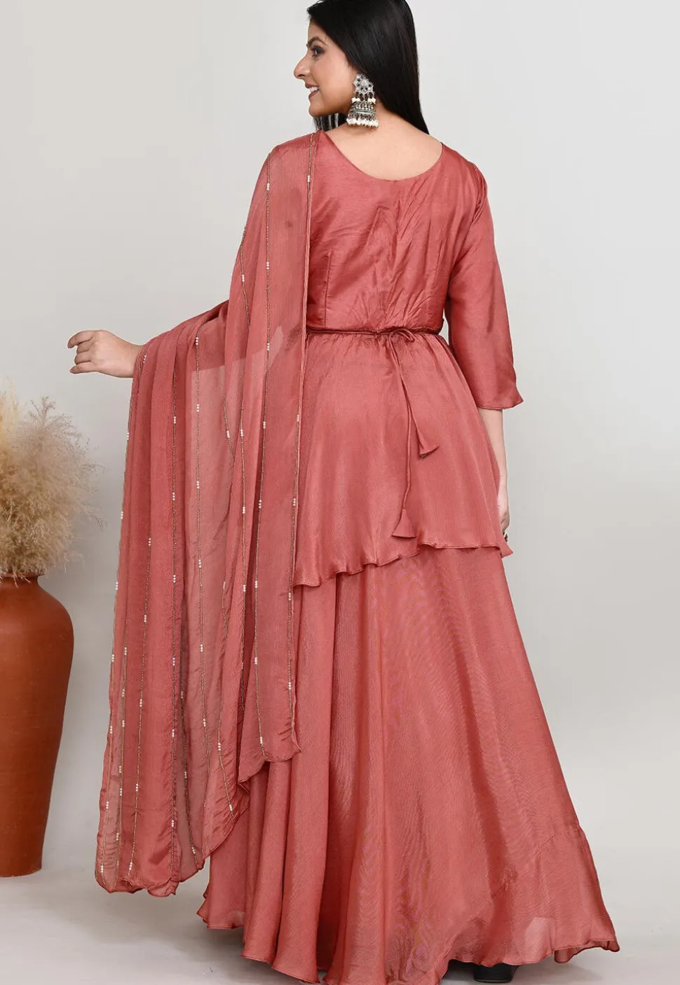 Embroidered Chinon Chiffon Asymmetric Tunic Set in Old Rose