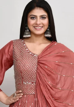 Embroidered Chinon Chiffon Asymmetric Tunic Set in Old Rose