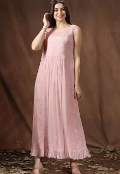 Embroidered Chinon Chiffon Maxi Dress in Pink