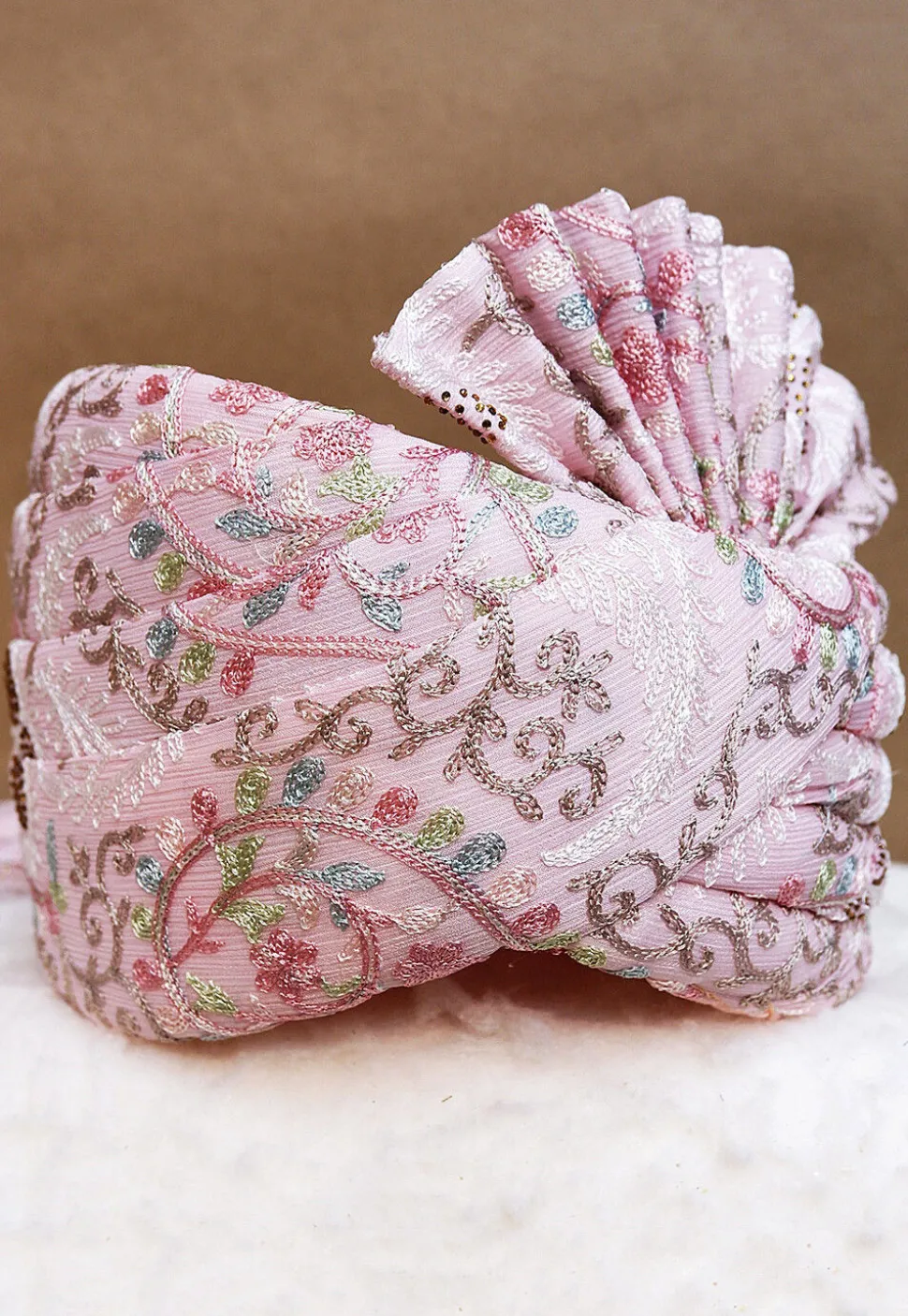 Embroidered Chinon Chiffon Turban in Pink