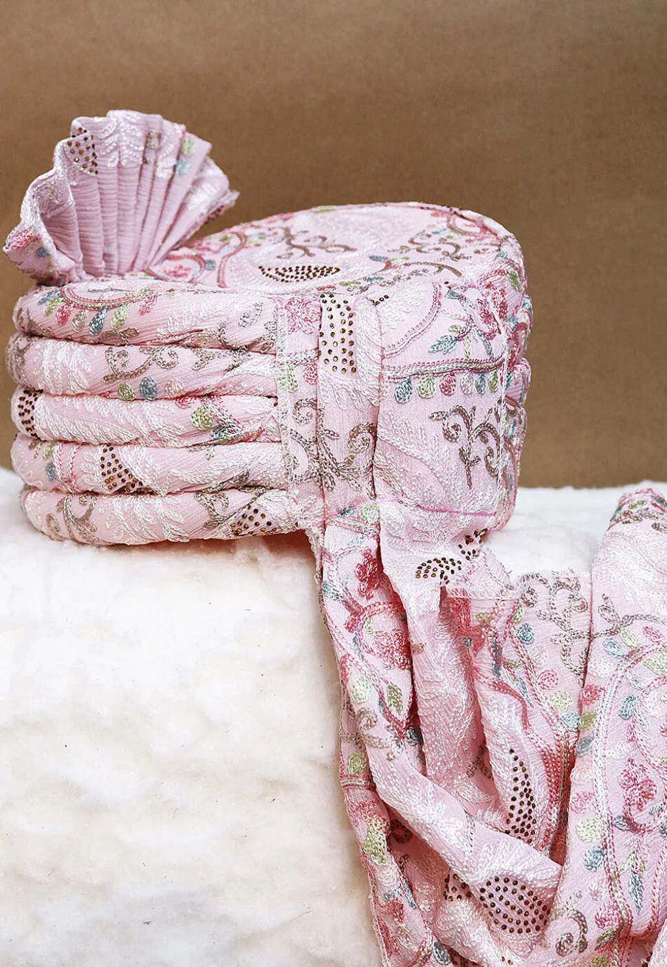 Embroidered Chinon Chiffon Turban in Pink