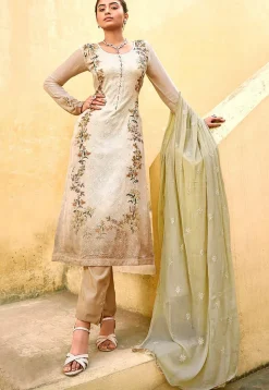 Embroidered Chinon Chiffon Pakistani Suit in Beige