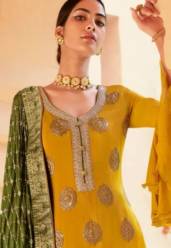 Embroidered Chinon Chiffon Pakistani Suit in Mustard